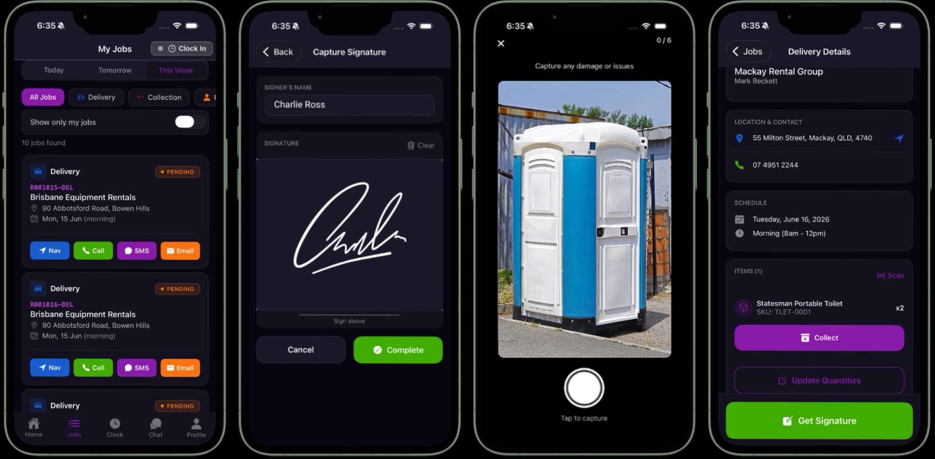 CloudRent Pro mobile app showing delivery jobs, signature capture, and portable toilet photos