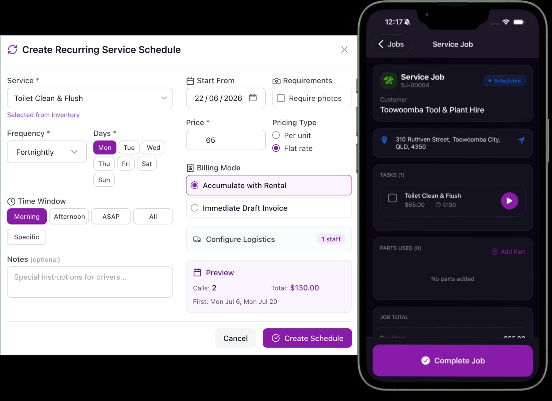 CloudRent Pro recurring service scheduling for toilet hire with mobile app job view
