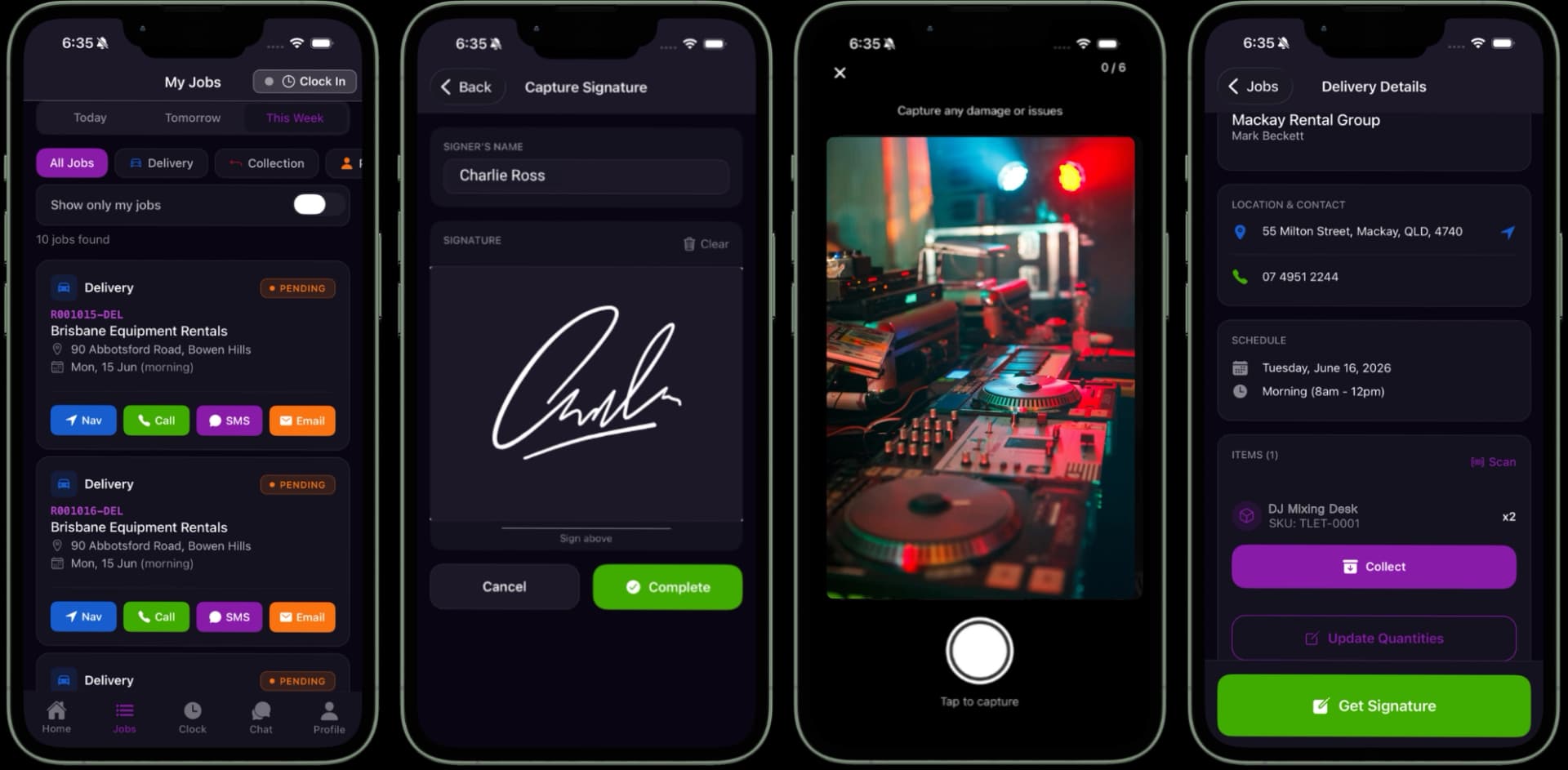 CloudRent Pro mobile app showing delivery jobs, signature capture, and damage photos for event hire