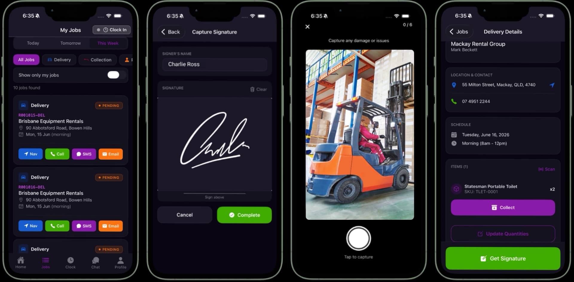 CloudRent Pro mobile app showing delivery jobs, signature capture, and equipment photos for plant hire