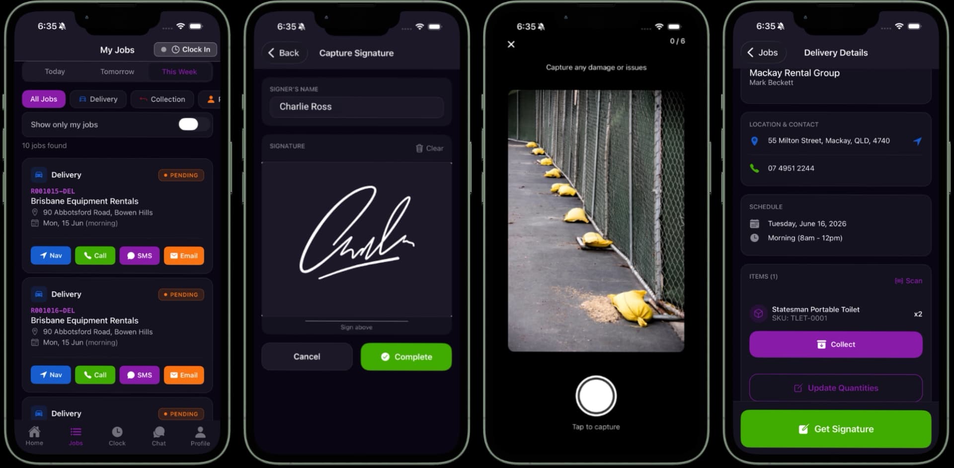 CloudRent Pro mobile app screens showing dashboard, SWMS signing, GPS navigation, and calendar