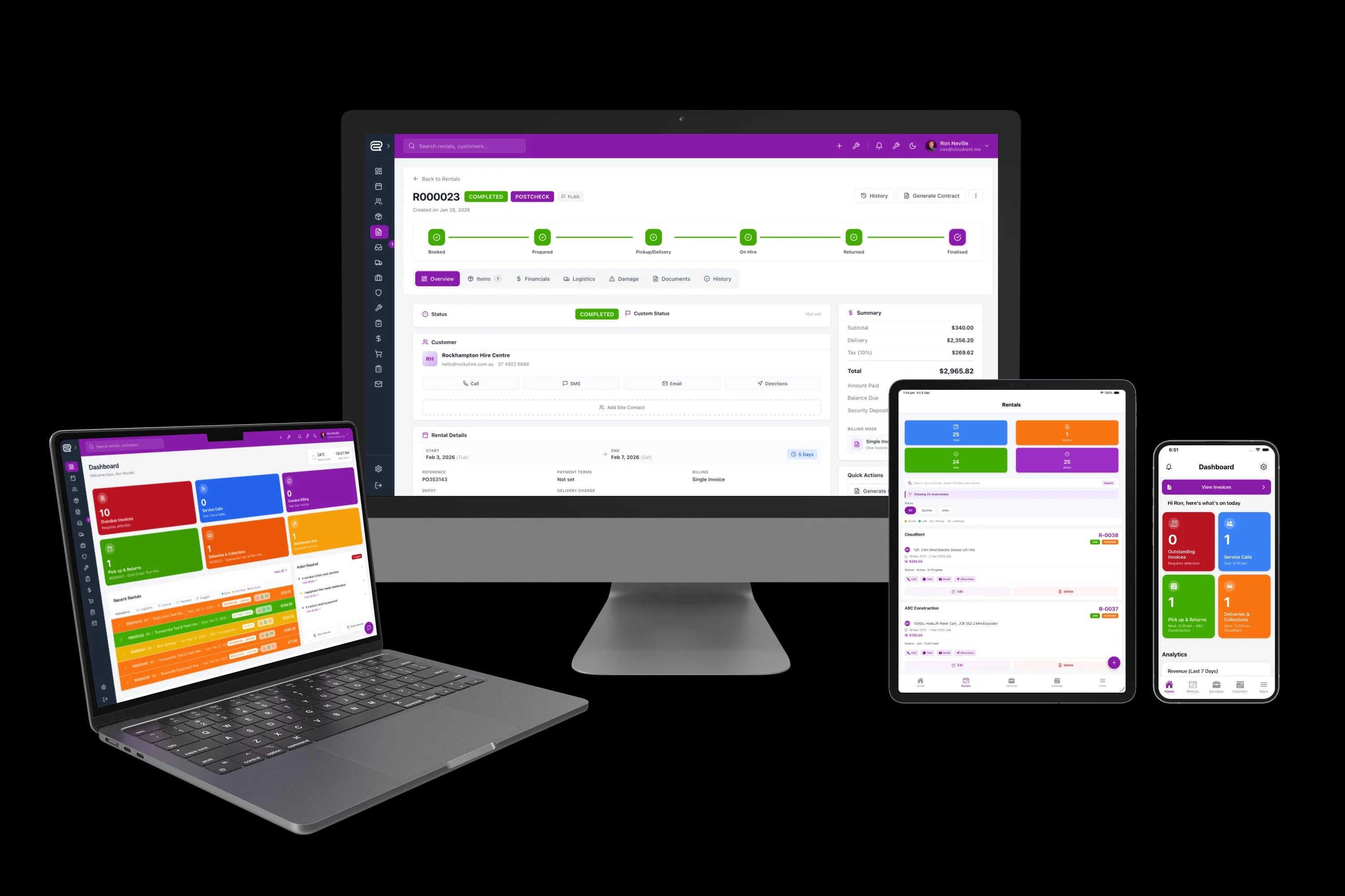 CloudRent Pro rental management software on desktop, laptop, tablet and mobile devices